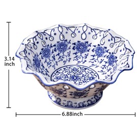 YYMayLsh Candy Bowl Ceramic Candy Serving Plate Blue and White Chinoiserie Decor Bowl with Foot for Living Dining Room (6.9in)