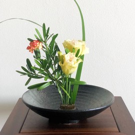 Highawk Flower Vase, Flower Arrangement, Flower Arrangement, Japanese Room, Tabletop, Three-legged Plate, Ohara-ryu (Black, 8.3 inches (21 cm)