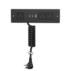 Furniture Drawer Outlet, Recessed Power Strip with (3) PD 20W USB Ports Fast Charging & (3) 15 Amp AC Outlets, (14 AWG) 10 FT Spring Black Cord