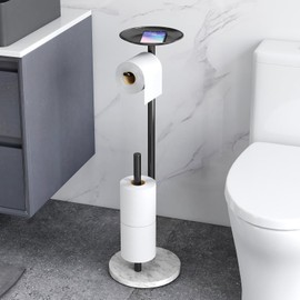 FEILERN Toilet Paper Holder Stand with Marble Base, Toilet Paper Holder Stand Free Standing with Phone Shelf, Large Capacity Bathroom Toilet Paper Stand Reserve for 4 Rolls (Black)