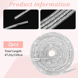 simarro Glitter Rhinestone Rope, 2PCS Sparkly Crystal Shoe LacesRound Rhinestones Rope Replacement for Shoes Sweatpants Hoodies Shorts Shoes Bags Accessories (Silvery)