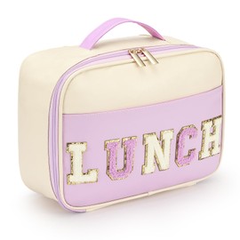 Kids Lunch Bag Insulated Lunch Bags for Women PU leather Lunch Bag for Girls Insulated Lunch Bag for Men Small Lunch Bag for Office with Chenille Letters Lunch Bag For Boys Gifts For Kids WhitePurple