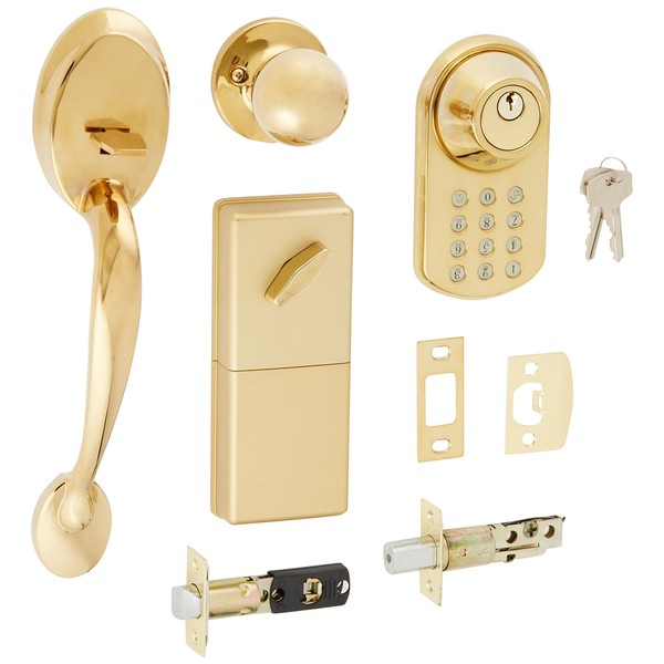MiLocks BTF-02P Digital Deadbolt Door Lock and Passage Handle Set Combo with Keyless Entry via Keypad Code for Exterior Doors, Polished Brass