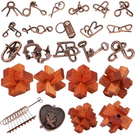 24PCS Brain Teaser Puzzles for Adults, Mind Puzzle Ancient Wooden and Metal Puzzles 3D Unlock Interlock IQ Education Puzzle Box Game for Adults