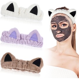 3Pcs Cat Ears Headband Adult, Cute Spa Headband for Washing Face, Plush Soft Cat Makeup Hairband, Elastic Fuzzy Skincare Headband Animal for Women Shower Bathroom (Style1, One size)