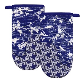 Alselo Thumb Oven Mitts, Heat and Slip Resistant Silicone Kitchen Mittens 2-Pack Set, Birds Flower Soft Long Oven Gloves, Flexible Thick Potholders for Safe Baking Cooking and Grilling (Navy)