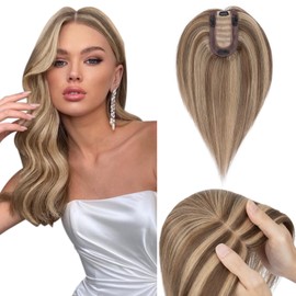 Hairro 100% Real Human Hair Toppers for Women No Bang, Clip in Real Hairpieces, Breathable Silk Base for Covering Greyish Thinning Hair Loss on Top, 12 Inch Mocha Brown Mix Medium Blonde