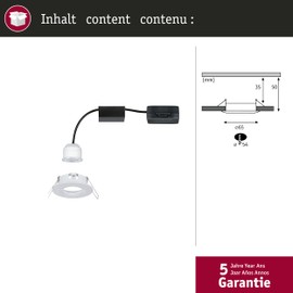 Paulmann 94298 Nova Mini LED Recessed Luminaire Coin Round Rigid Recessed Ceiling Spotlight Aluminium Warm White 2700 K 4 W Rigid IP44 Matte White 1 x 4 W