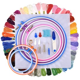 TopHomer Cross Stitch Embroidery Threads Tool Kit Embroidery Starter Set with Embroidery Hoops Cloth Sewing Pins Scissors Thimble Stitch Remover(5 Plastic Circles, 100 Color Thread)