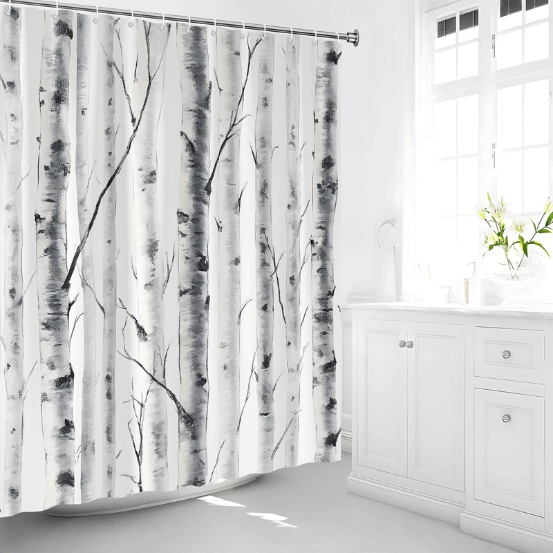 Birch Trees Shower Curtain Abstract Watercolour Gray White Mottled Trunk