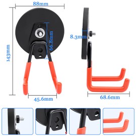 Keukenket 88 mm Strong Magnetic Hooks, Double Hooks, Magnetic Base with Non-Slip Coating and Mounting Screws for Garden, Garage, Tool Room, Orange, Pack of 2