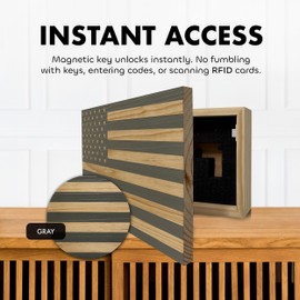 American Flag Hidden Gun Safe - Quick Access Hidden Gun Shelf - Concealment Shelf with Magnetic Lock - Wall Gun Safe for Secure Firearm Storage - Handcrafted In USA by Bellewood Designs (Gray)