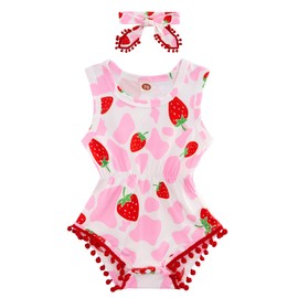Leapparel Baby Girl Strawberry Clothes Toddler Playsuit Pink and White Infant Outfits Sleeveless Baby Jumpsuits with Cute Headband Cotton Harmless 6-12 Months Rompers