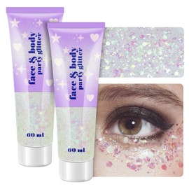 Body Glitter Gel, 2 Jars Face Glitter Gel Sequins Shimmer for Hair, Lip, Eyeshadow, Nails, Chunky and Powder Mixed Glitter Gel, Holographic Cosmetic Flakes for Festival, Glitter Makeup 120ml (White)