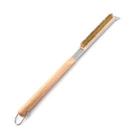 Pizza Oven Brush with Scraper Long Handle 55.5cm / 21.9inch Long Pizza Oven Brush Brass Bristles for Outdoor Pizza Ovens with Hanging Ring, Easy to Install