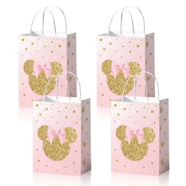 24pcs Cartoon Mouse Pink Golden Paper Gift Bag Party Favor Bags with Handle for Cookies Cakes Chocolates Candies Girls Party Baby Shower Decoration Supplies