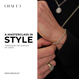 CRAFTD | Silver Rope Link Bracelet | Durable Rhodium & 316L Stainless Steel | Waterproof, Heat & Sweat Resistant | Gifts for Men | Men's Jewelry | Size 5MM | Length 8.5"