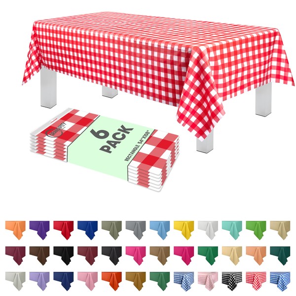 Red Gingham Checkered 6 Pack Premium Disposable Plastic Picnic Tablecloth