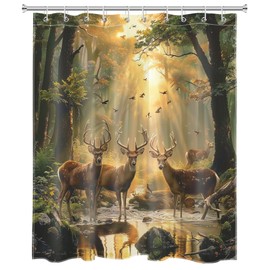 LB Forest Deer Shower Curtain Rustic Wildlife Animal Elk Hunting Bathroom Shower Curtain Nature Foggy Forest Bird Bathroom Curtain with Hooks 72Lx60W Inch Polyester Fabric Bath Curtain