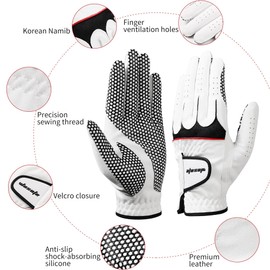 wosofe Men’s Golf Glove Left Hand Non-Slip Palm Pu Premium Leather Soft Durable Comfortable All Weather with Five Tees and Brush(Small)