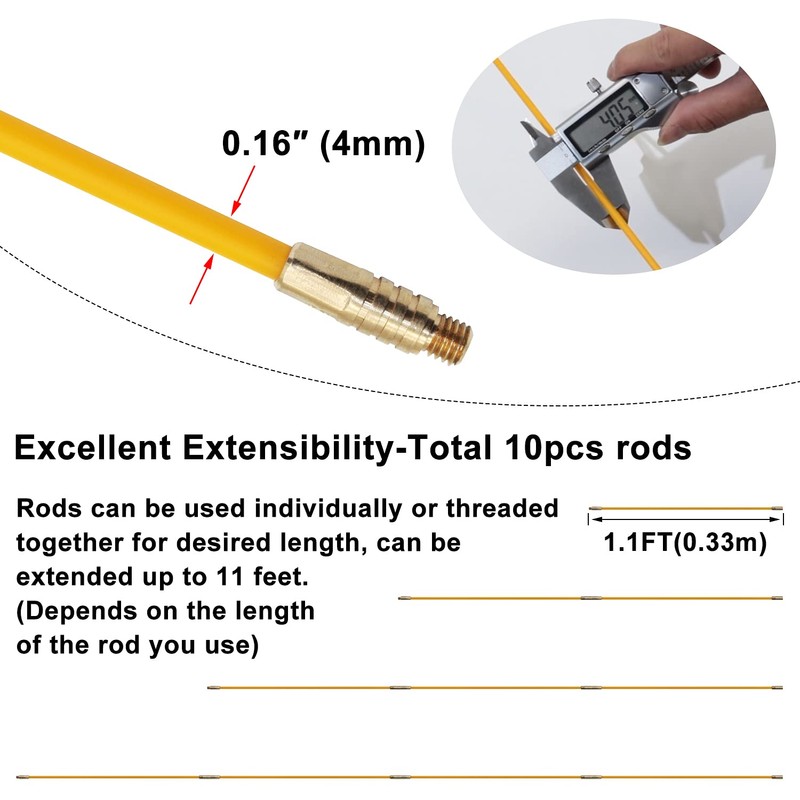 Boeray 11' Fiberglass Running Electrical Wire Cable Pulling Fish Tape