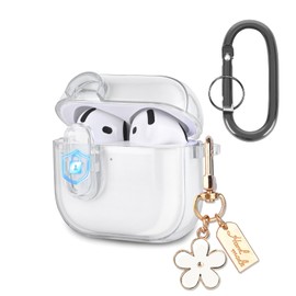 Newseego For Airpods 4 Case, Transparent Case with Lock TPU Protective Case with Carabiner and Cute Flower Pendant Full Protection Shockproof Thin Cute Compatible with AirPods 4th Generation