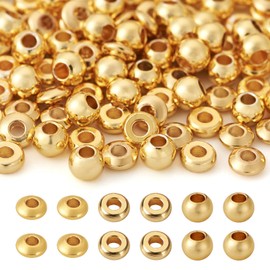 Pandahall 300Pcs 18K Gold Plated Spacer Beads 3mm Gold Rondelle Smooth Jewelry Beads 3 Styles Flat Round Spacer Beads Disc Loose Ball Beads for Christmas Beach Layered Bracelet Jewelry Making