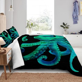 Bedbay Ocean Octopus Comforter Set King Size Ocean Animal Comforter Set for Kids Teens Sea Marine Themed Octopus Bedding Tentacles Pattern King Bedding Set
