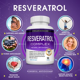 Resveratrol Supplement 1800 mg Antioxidant Complex - Highly Potent Natural Trans-Resveratrol Pills for Healthy Aging, Overall Health Support, Immune System, Brain Function, for Men Women, 90 Capsules