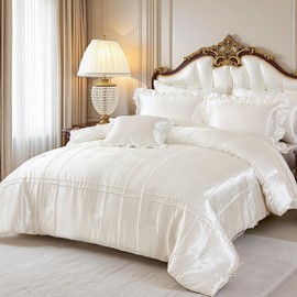 Herside White Satin Silky Comforter Set,King Size 8 Pcs Grid Pleated Silk Like Bed in a Bag Bedding Set, Down Alternative Bedding Sets for All Seasons,Luxury Silky Bedding with Sheet and Cushion Cover