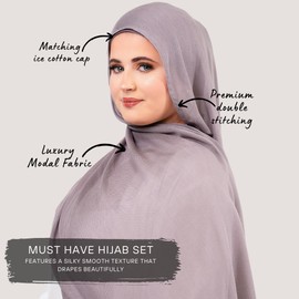 KHELANI Premium Modal HIjab Set – Lightweight & Soft | Luxury Hijab Wrap with Matching Tube Cap | Non-Slip Design Shawl, Hijab Head Scarf for Women with Undercap (170cm x 80cm) (Mauve Mist)