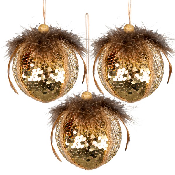 3Pcs Gold Sequin Bauble 7cm - Christmas Tree Hanging Decorations