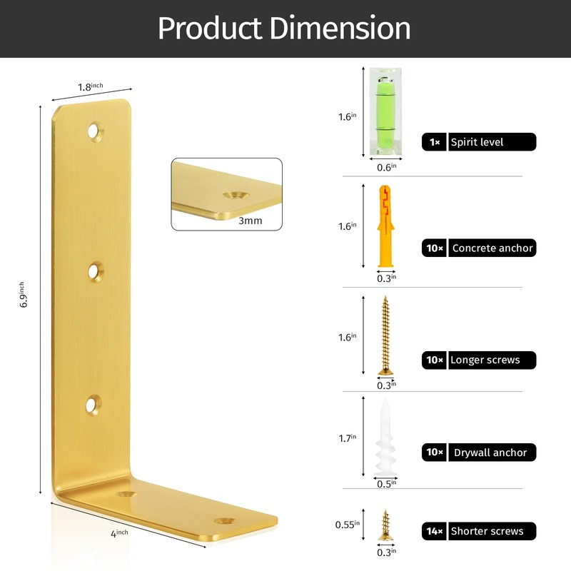 ANTERRIFIC Gold Shelf Brackets, 4 Pack Heavy Duty Floating Shelf