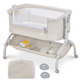 BABY JOY Baby Bassinet, 3-in-1 Rocking Bassinet w/Storage Basket, Double-Lock Design, 7 Adjustable Heights, Soft Mattress & Portable Travel Bag, Bassinet Bedside Sleeper for Newborns Infants (Beige)