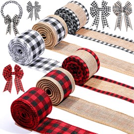 6 Rolls 30 Yards Christmas Burlap Fabric Craft Ribbon Christmas Buffalo Plaid Wired Edge Ribbons Buffalo Check Ribbon for DIY Craft Bow Wrapping Christmas Decoration (Mixed Style)