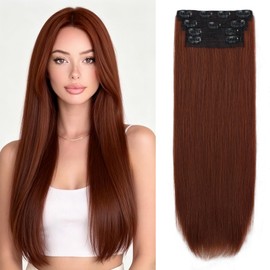 Clip in Synthetic Hair Extensions Long straight 4PCS Thick Hairpieces Fiber Double Weft Natural Hair Extensions 22 Inch for Women （Copper Red）