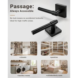 Black Interior Door Handle 4 Pack, Heavy Duty Closet Door Knobs, Matte Black Door Knob No Lock, Keyless Passage Levers for Hallway French Doors, Sleek Ring Design