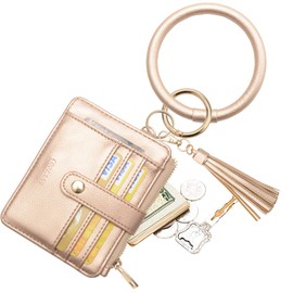 COOLANS Wristlet Bracelet Keychain Card Holder Card Pocket PU Leather Purse Tassel Keychain Bangle Key Ring for Women Girls (Purse 06 Lychee Pattern Coffee Gold)
