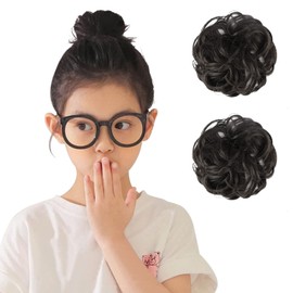 FESHFEN Bun Wig, Scrunchie Wig, Set of 2, Hair Extension, Kids, Chignon, Shichi-Go-San Yukata, Hair Ornament, Kimono, Curl, Dumpling, Children's Point Wig, Partial Wig, Fully Planted, Everyday, Cute, Easy to Wear, Black Brown