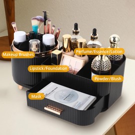 Growsun Makeup Organizer Countertop with Drawers 360 Rotating Makeup Brush Holder Large Capacity Skincare Organizer for Vanity, Black