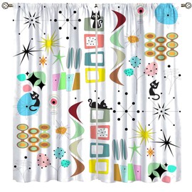 Focusbrite Mid Century Black Cat Curtains, Retro Abstract Atomic Stars 1950s Style Patterned Window Treatments for Living Room Bedroom, Vintage Geometric Cat Printed Drapes Set 2 Panels,42x45 Inches
