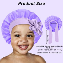 3Pcs Kids Silk Satin Bonnet for Sleeping - Baby Hair Sleep Bonnet,Kids Bonnets for Girls Toddler Child with Wide Elastic Tie Band,Night Cap Hats for Curly Natural Hair(Purple+Blue+Gold)