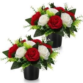 GeekLeaf 2 Pcs Artificial Flowers for Graves, Grave Flowers Pots Red White