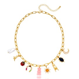 CLASSYZINT Gold Paperclip Necklace with 9 Charms Baroque Simulated Pearl Dinosaur Pendant Jewelry for Women Adjustable Chains Birthday Gift for Her