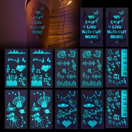 Fssqii Blue Luminous Temporary Tattoos Glow in the Dark Music Festival Electrosyllabic Guitar Tattoos Waterproof Fake Tattoo Sticker for Women Men Face Body Arm Party Skin Tattoo Decorations