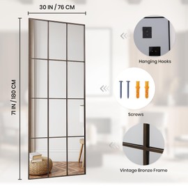 Anpark Windowpane Mirror Full Length 71"x30" Wall Mounted Mirror Faded Bronze Frame Vintage Distressed Art Pane Leaning Hanging Wall for Home Decor in Living Room Bedroom Hallway Entrance