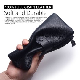 Bveyzi Women Soft Leather RFID Blocking Bifold Slim Wallets Ladies Credit Card Holder Double Zipper Pocket(Black)