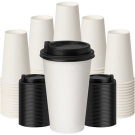 ECOEXTRA 16 oz Coffee Cups with Lids 100 Pack,White Leak-Proof Disposable Coffee Cups for Hot/Cold Beverages, Party Supplies, To-Go Paper Cups for Coffee, Tea, Office, Picnic
