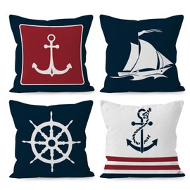 HUYAW Navy Blue Nautical Ocean Boat Anchor Throw Pillow Covers, Ship Nautical Gifts, Boat Pillow Cases 18 x 18 Inch Home Ship Sofa Decor Set of 4