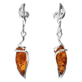 Sterling Silver Fancy Baltic Honey Dangly/Dangle Drop Amber Earrings for Women/Ladies/Girls - 925 Sterling Silver - Unusual Marquise-Shaped Cognac Amber Jewellery 070435